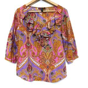 RALPH LAUREN colorful vibrant retro ruffle paisley print 100% cotton top blouse
